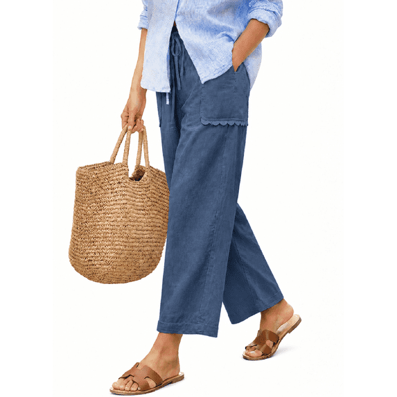 DOKOTOO Womens Casual Elastic Waist Drawstring Pants Lightweight Lace Straight Leg Pants Trousers with Pockets