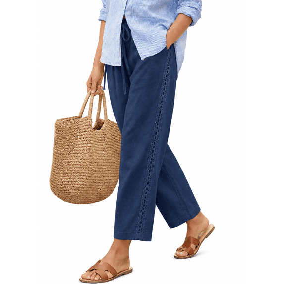 DOKOTOO Womens Casual Lace Trim Pants Elastic High Waist Drawstring Straight Leg Pants Loose Lounge Pants Trousers with Pockets