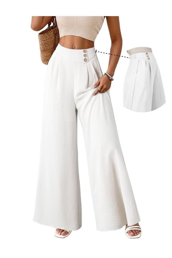Womens Casual Wide Leg Pants High Waisted Button Pleated Business Work Trousers Flowy Beach Palazzo Pants