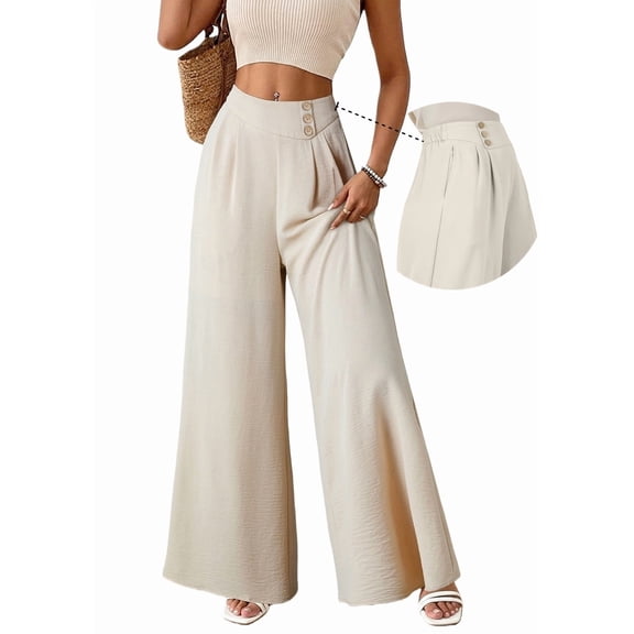 DOKOTOO Womens Casual Wide Leg Pants High Waisted Button Pleated Business Work Trousers Flowy Beach Palazzo Pants