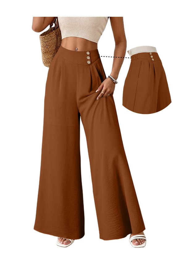 Womens Casual Wide Leg Pants High Waisted Button Pleated Business Work Trousers Flowy Beach Palazzo Pants