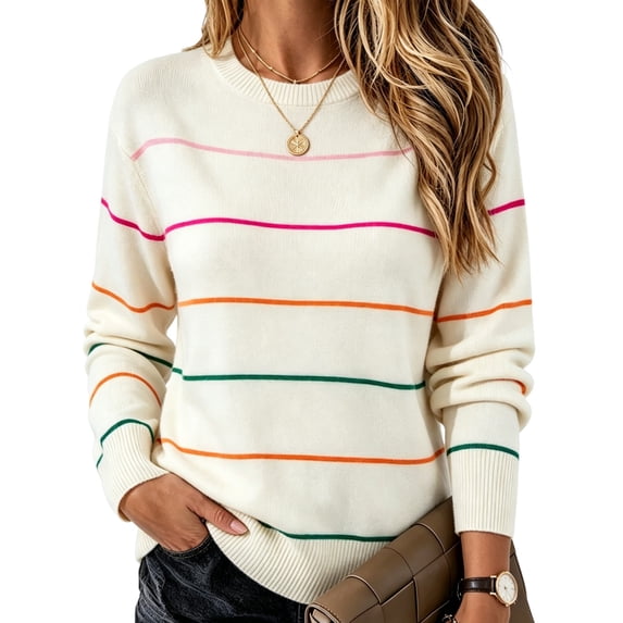 DOKOTOO Womens Colorful Stripes Sweaters Crew Neck Long Sleeve White Sweaters