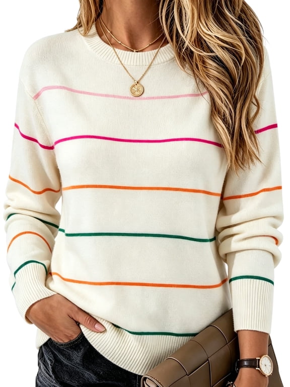 Womens Colorful Stripes Sweaters Crew Neck Long Sleeve White Sweaters