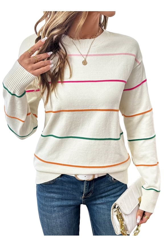 Womens Colorful Stripes Sweaters Crew Neck Long Sleeve White Sweaters