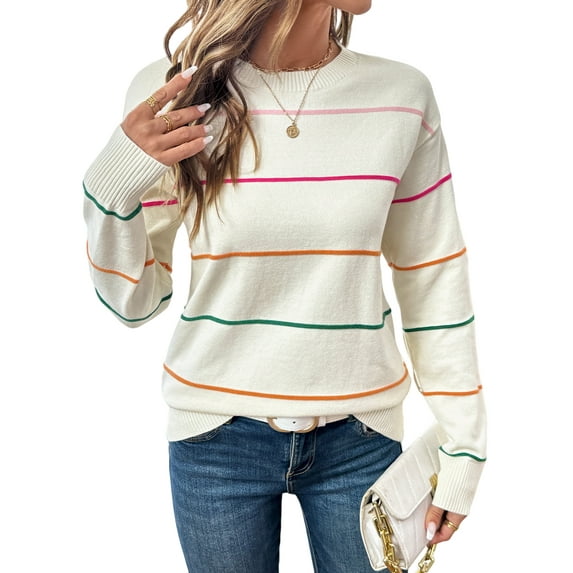 DOKOTOO Womens Colorful Stripes Sweaters Crew Neck Long Sleeve White Sweaters