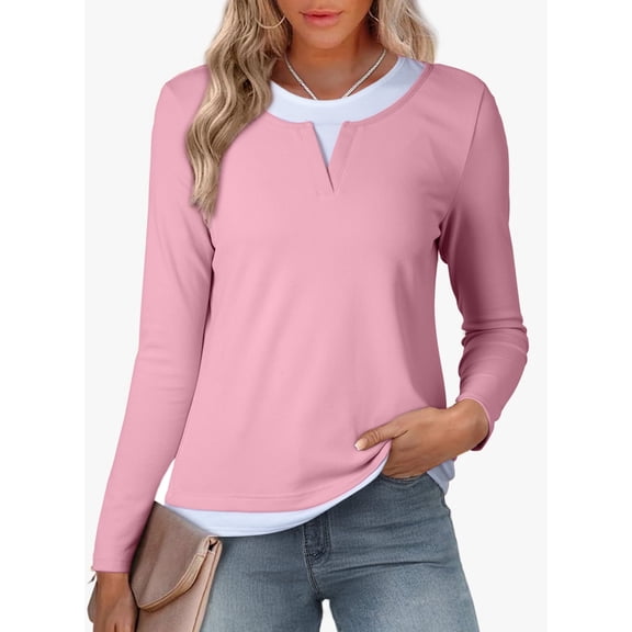 DOKOTOO Womens Crewneck Tops Casual Long Sleeve Shirts Color Block Blouses for Women Spring Slim Fit Pullover M