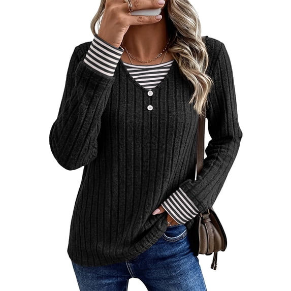 DOKOTOO Women's Crewneck Long Sleeve Knit Sweater Tops Casual Pullover Shirt Striped Layered Fall Winter Blouses S-2XL