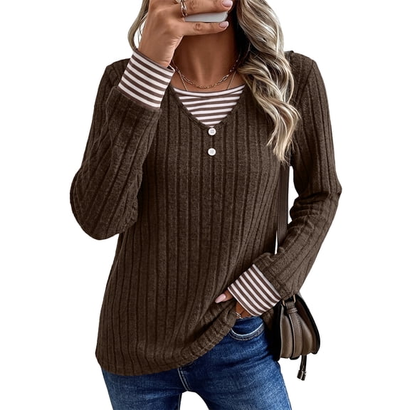 DOKOTOO Womens Crewneck Tops Long Sleeve Ribbed Knit Pullover Shirts Striped Layered Look Fall Cozy Casual Blouses S-2XL