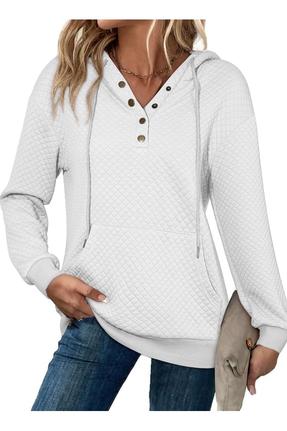 Womens Hoodies Top Buttoned Long Sleeve Quilted Texture Pullover Sweatshirts with Pockets White S US4-6