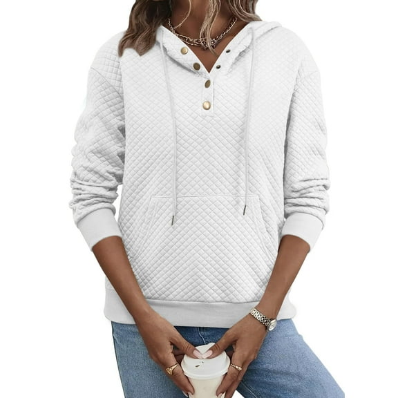 DOKOTOO Women Hoodie Sweatshirt with Pockets Drop Shoulder Pullover Tops Drawstring Half Buttoned Tops White XL US16-18