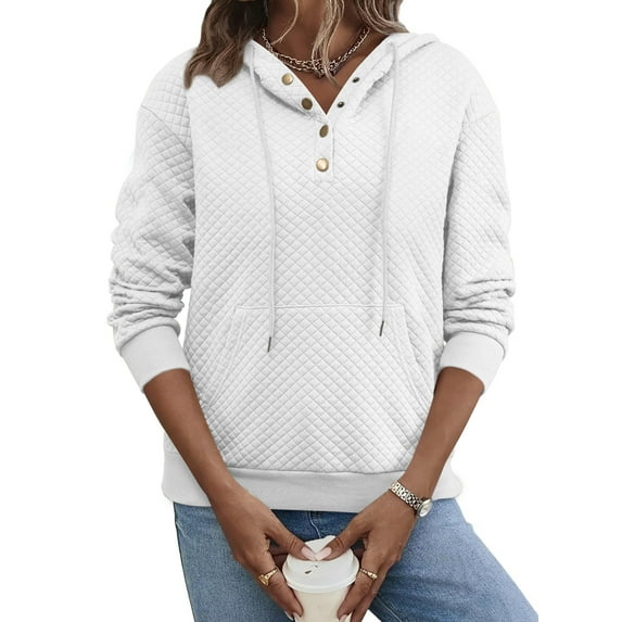 DOKOTOO Button Hoodies for Woman Drop Shoulder Long Sleeve Quilted Texture Pullover Tops with Pockets White 2XL US18-20