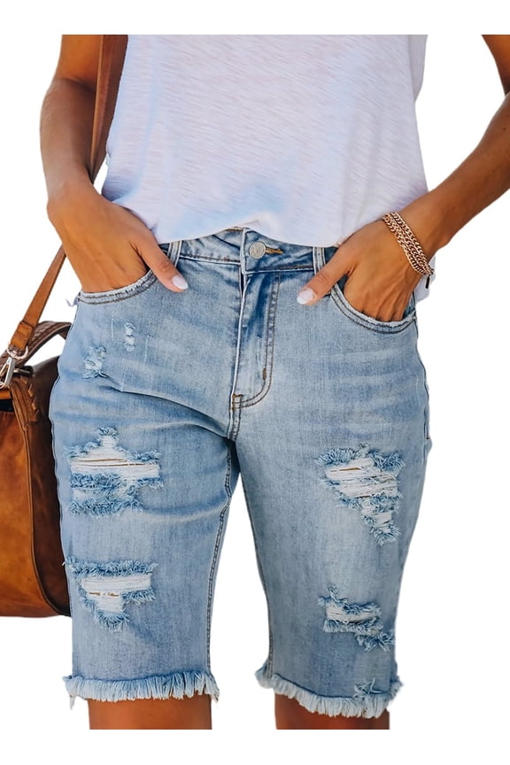 Womens Jean Bermuda Shorts Slim Fit Ripped Raw Hem Denim Bermuda Shorts Sky Blue Size 16