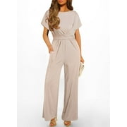 DOKOTOO Womens Jumpsuits Overalls Wide Leg Dressy Jumpsuit Tie Waisted Short Sleeve Long Rompers with Pockets