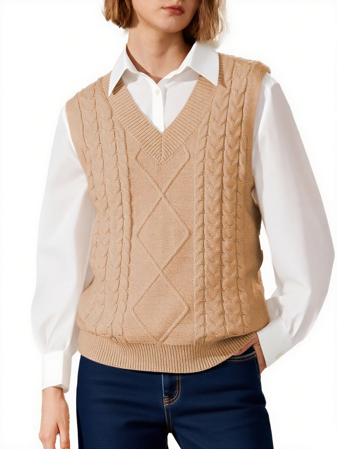 Dokotoo Women's Clothing, Khaki Sleeveless Cable Knit