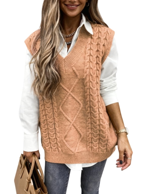 Women's Khaki Cable Knit Sweater Vest Sleeveless Pullover Top US 12-14(L)