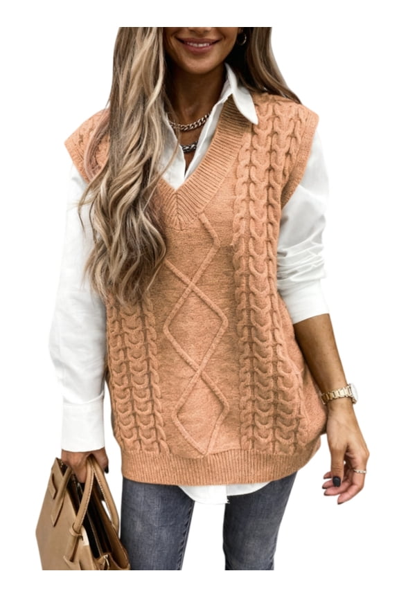 Women's Khaki Cable Knit Sweater Vest Sleeveless Pullover Top US 12-14(L)