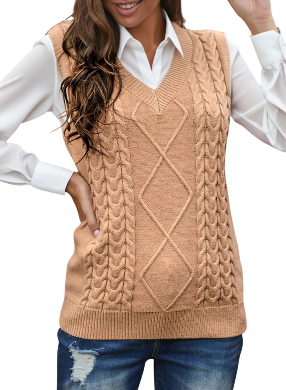 Simple Khaki V Neck Cozy Cashmere Knit Waistcoat Sleeveless TU014