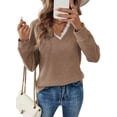 thumbnail image 1 of DOKOTOO Womens Blouses Lace Trim V Neck Waffle Knit Tops Long Sleeve Casual Loose Fit Work Office Shirts S-2XL, 1 of 8
