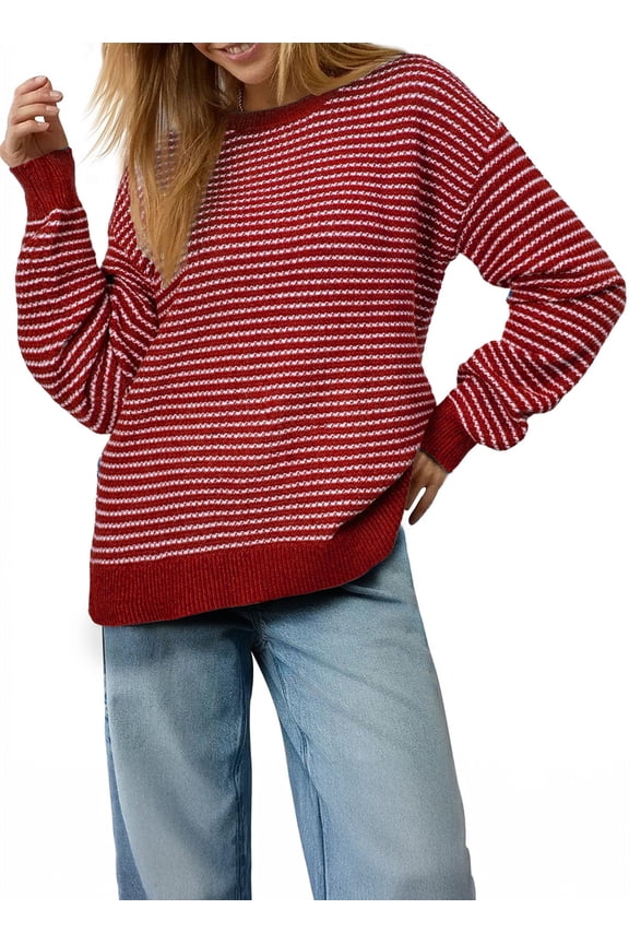 Sweaters for Women Fall Casual Long Sleeve Knit Pullover Crewneck Lightweight Pullover Side Split Sweater S-2XL