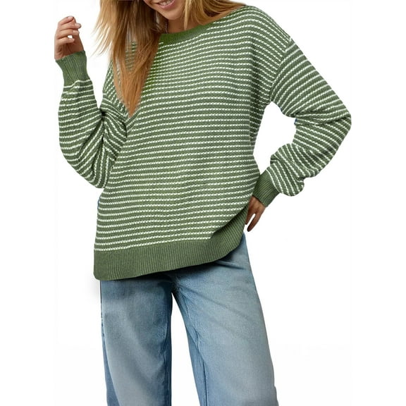 DOKOTOO Women Sweaters Long Sleeve Crewneck Sweaters Casual Knit Striped Side Split Pullover Sweater Tops S-2XL