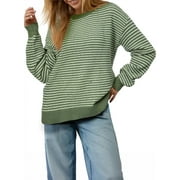DOKOTOO Womens Sweaters Striped Knit Pullover Sweater Loose Fit Long Sleeve Crewneck Side Split Pullover Sweater Tops S-2XL