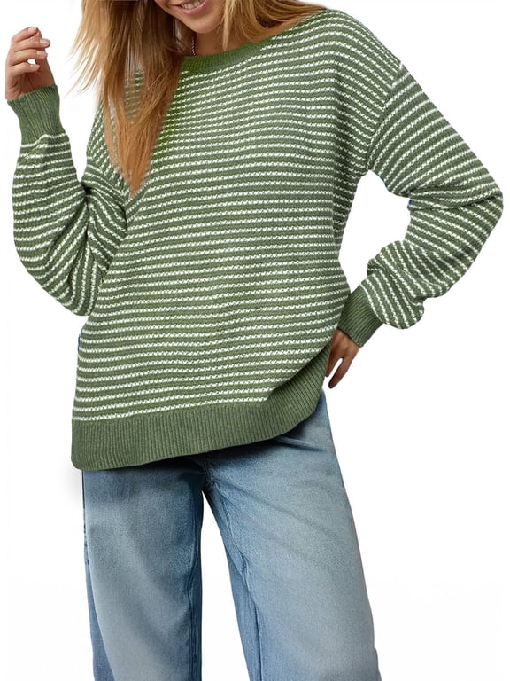 Women's Sweater Casual Long Sleeve Knit Pullover Lightweight Crewneck Striped Side Split Pullover Sweater Tops S-2XL