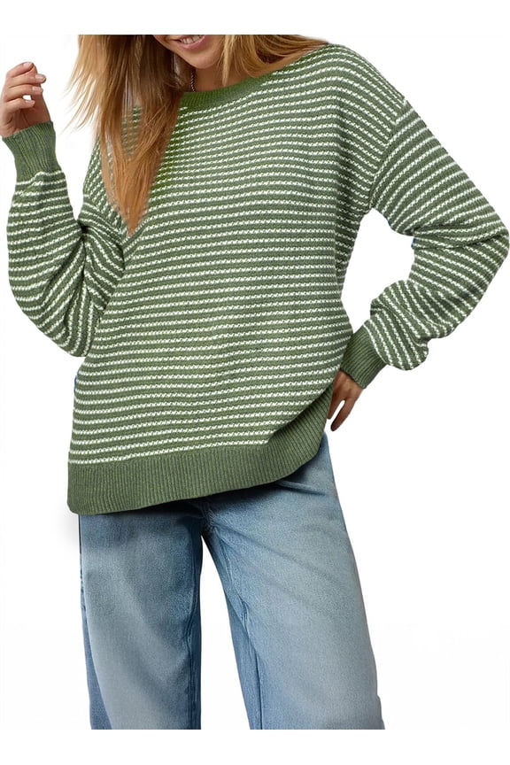 Women's Sweater Casual Long Sleeve Knit Pullover Lightweight Crewneck Striped Side Split Pullover Sweater Tops S-2XL