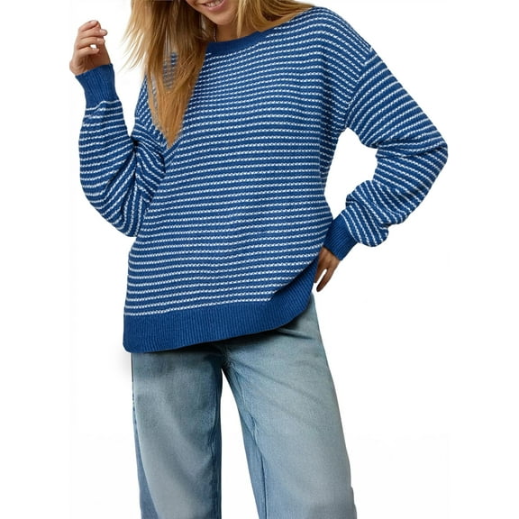 DOKOTOO Women’s Sweater Striped Sweaters Casual Knit Long Sleeve Crewneck Striped Side Split Pullover Sweater Tops S-2XL