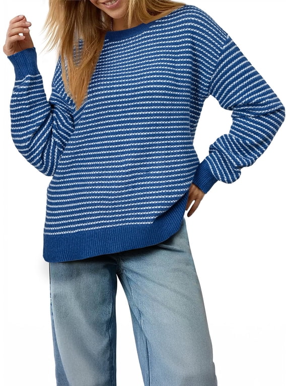 Women’s Sweater Striped Sweaters Casual Knit Long Sleeve Crewneck Striped Side Split Pullover Sweater Tops S-2XL