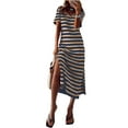 thumbnail image 1 of DOKOTOO Womens Midi Dresses Casual Tshirt Dresses Loose Fit V Neckline Short Sleeve Midi Dress Side Slits Straight Stripe Dresses Size M US8-10, 1 of 7