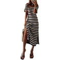 thumbnail image 1 of DOKOTOO Womens Midi Dresses Fashion V-neck Tee Shirt Dresses Casual Relaxed Fit Short Sleeve Straight Midi Dress Trendy Stripe Tee Summer Beach Dresses Size M US8-10, 1 of 5