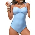 thumbnail image 1 of DOKOTOO Womens Bathing Suits Striped Tummy Control High Cut One Piece Swimsuits with Pleated Trim Sky Blue Striped M US8-10, 1 of 10