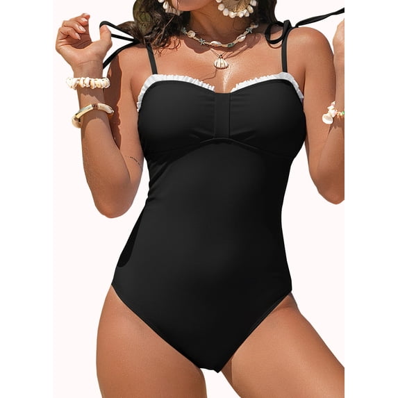 DOKOTOO Womens One Piece Bathing Suits Pleated Trim Tummy Control Swimsuits High Cut Beachwear Black L US12-14