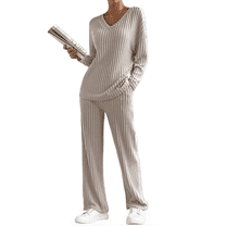 DOKOTOO Woman Outfits with Pockets Long Sleeve Knit Pullover Tops with Straight Leg Pants Fall Pajama Sets Khaki L(US12-14)
