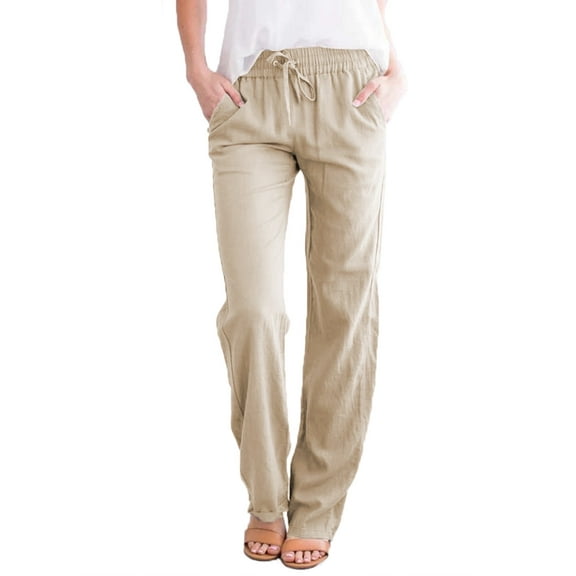 DOKOTOO Womens Pants Straight Leg Drawstring Elastic High Waist Pants Casual Pants with Pockets Khaki M US 8-10