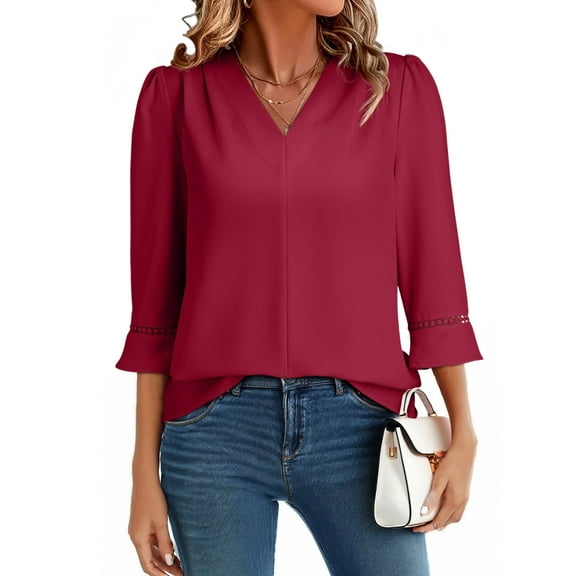 DOKOTOO Blouses for Women Pleated V Neck 3/4 Sleeve Tunic Tops Dressy Casual Chiffon Office Wear Shirts