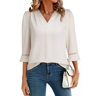 DOKOTOO Womens Pleated V Neck 3/4 Sleeve Tops Dressy Casual Solid Color Chiffon Blouses Shirts XL