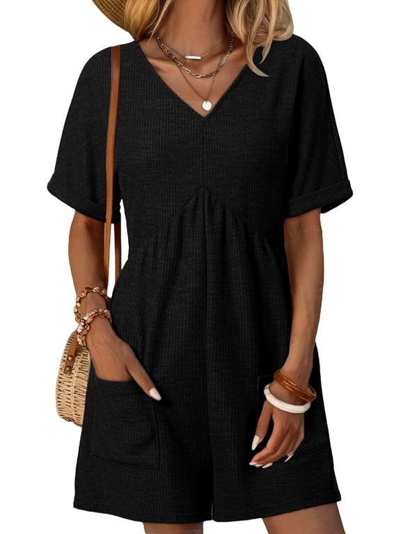 Womens Plus Rompers with Pockets V Neck Short Sleeve Short Jumpsuits One Piece Romper Overalls Black XXL US18-20