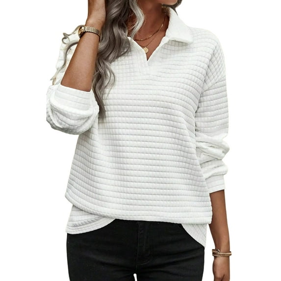 DOKOTOO Pullover Sweatshirts for Women Casual Textured Tops Lapel Collar Lightweight Shirts White L US12-14