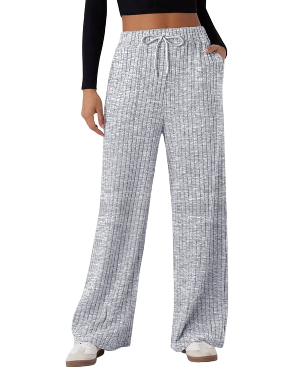Womens Ribbed Knit Pants Casual Drawstring Waisted Wide Leg Sweatpants Comfy Loose Lounge Pants with Pockets