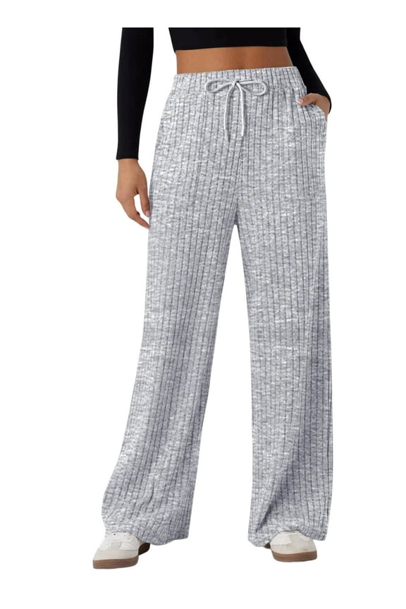 Womens Ribbed Knit Pants Casual Drawstring Waisted Wide Leg Sweatpants Comfy Loose Lounge Pants with Pockets