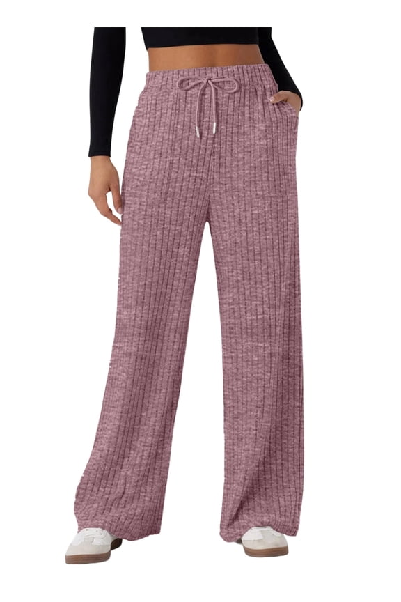 Womens Ribbed Knit Pants Casual Drawstring Waisted Wide Leg Sweatpants Comfy Loose Lounge Pants with Pockets