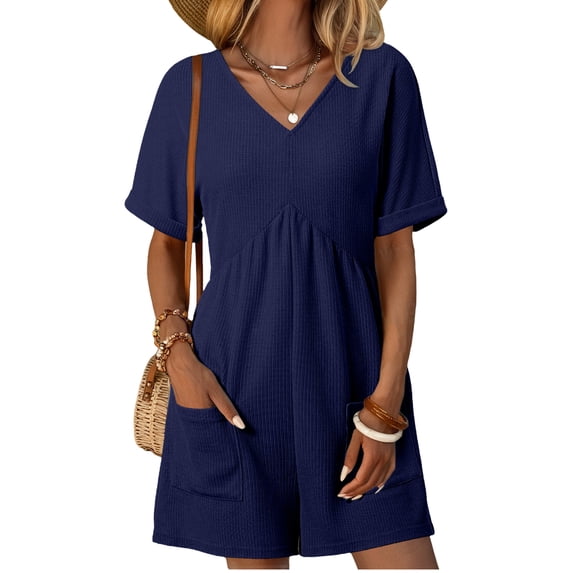 DOKOTOO Womens Rompers Casual Summer Overalls High Waist V Neck Short Sleeve Short Jumpsuits Rompers with Zipper Dark Blue XL US16-18