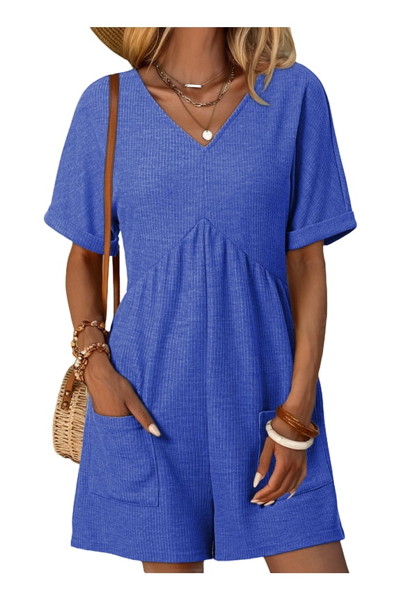 Womens Rompers Casual Summer Overalls High Waist V Neck Short Sleeve Short Jumpsuits Rompers with Zipper Blue XL US16-18