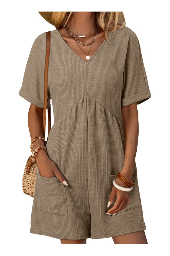 Womens Rompers Casual Summer Overalls High Waist V Neck Short Sleeve Short Jumpsuits Rompers with Zipper Khaki XL US16-18