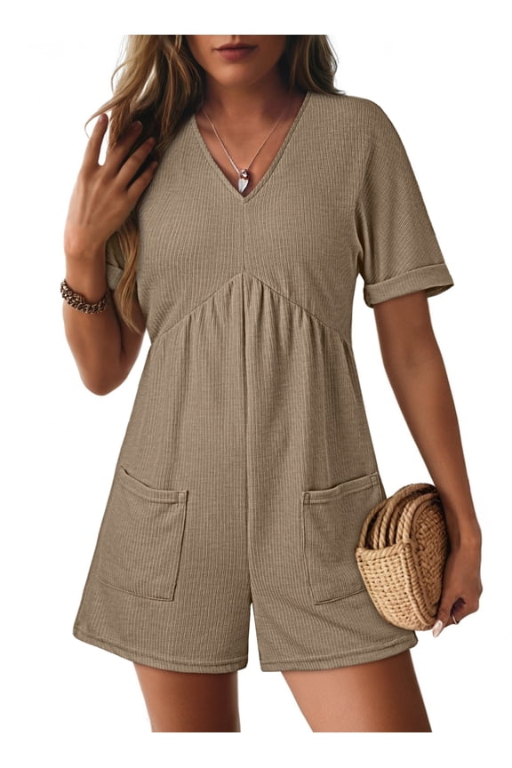 Womens Rompers Casual Summer Overalls High Waist V Neck Short Sleeve Short Jumpsuits Rompers with Zipper Khaki XL US16-18