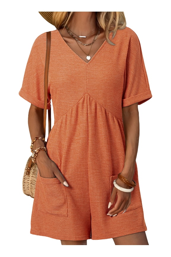 Womens Rompers Casual Summer Overalls High Waist V Neck Short Sleeve Short Jumpsuits Rompers with Zipper Orange XL US16-18