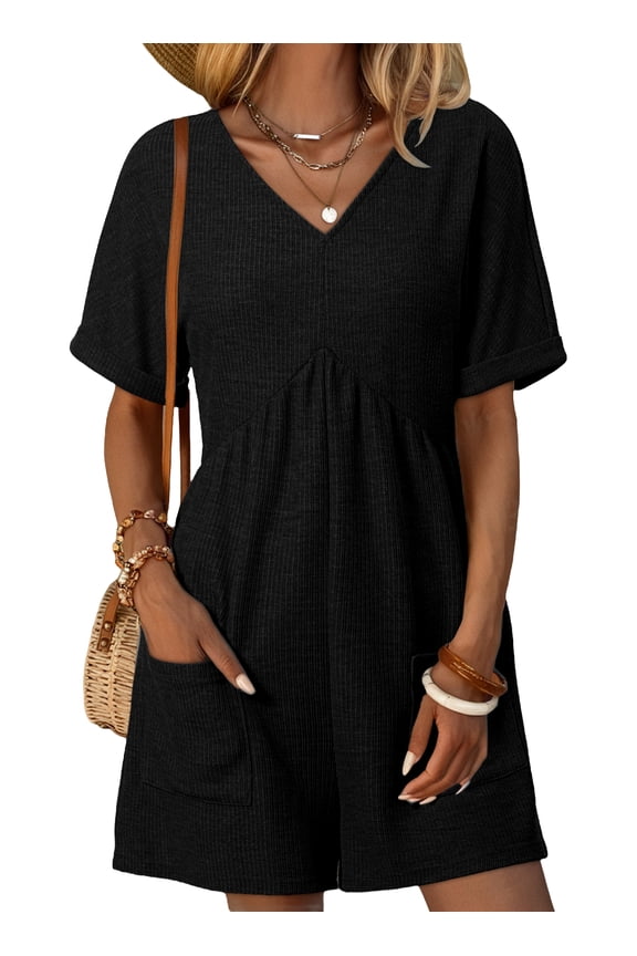 Womens Rompers One Piece Short Jumpsuit Rompers Solid Color High Waist Short Jumpsuits with Pockets Black L US12-14