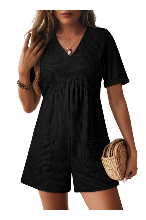 Womens Rompers One Piece Short Jumpsuit Rompers Solid Color High Waist Short Jumpsuits with Pockets Black L US12-14