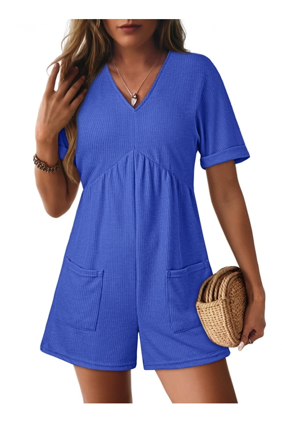Womens Rompers with Pockets V Neck Short Sleeve Short Jumpsuit Rompers Empired Waist Jumpsuit Overalls Blue M US8-10